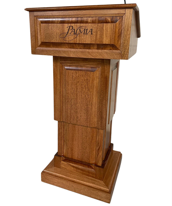 Counselor Lift™ Podium with electric height adjustment, premium hardwood, and mobility casters, ideal for professional settings.