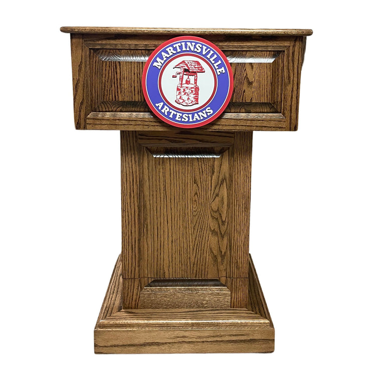 Counselor Lift™ Oak Podium with electric height adjustment, premium hardwood, and mobility casters.