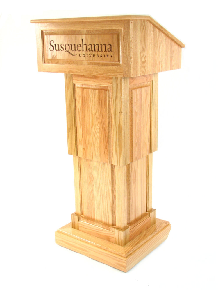 Counselor Lift™ Oak Podium with electric height adjustment, premium hardwood, and mobility casters, ideal for professional settings.
