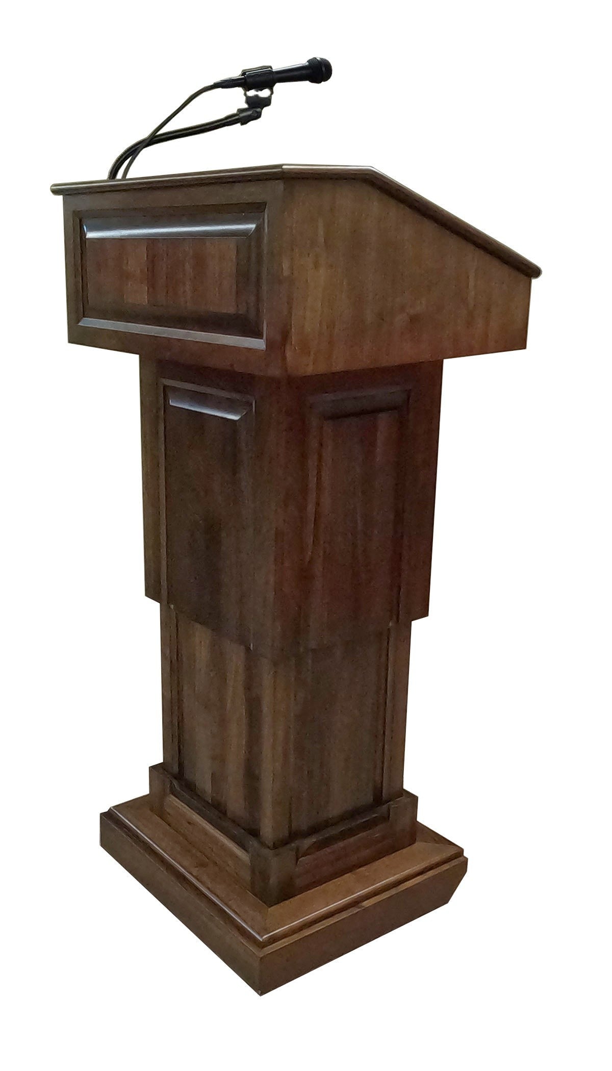 Counselor Lift™ Walnut Podium with electric height adjustment, premium hardwood, and mobility casters.