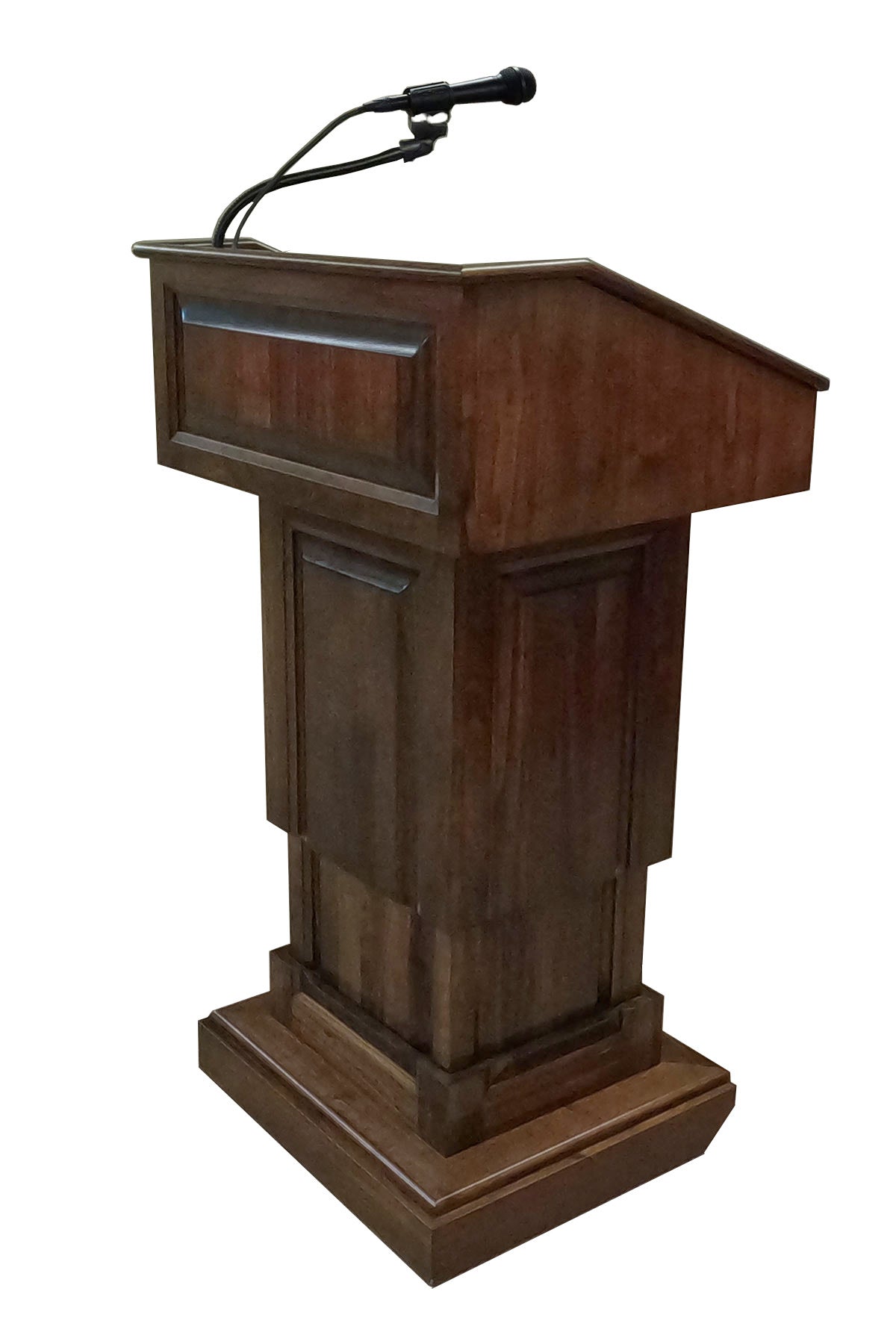 Counselor Lift™ Walnut Podium with electric height adjustment, premium hardwood, and mobility casters.