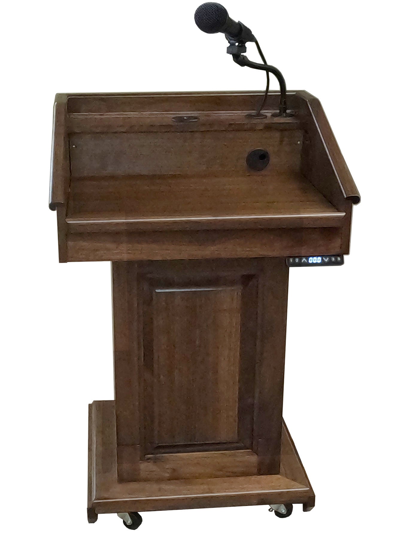 Counselor Lift™ Walnut Podium with electric height adjustment, premium hardwood, and mobility casters.