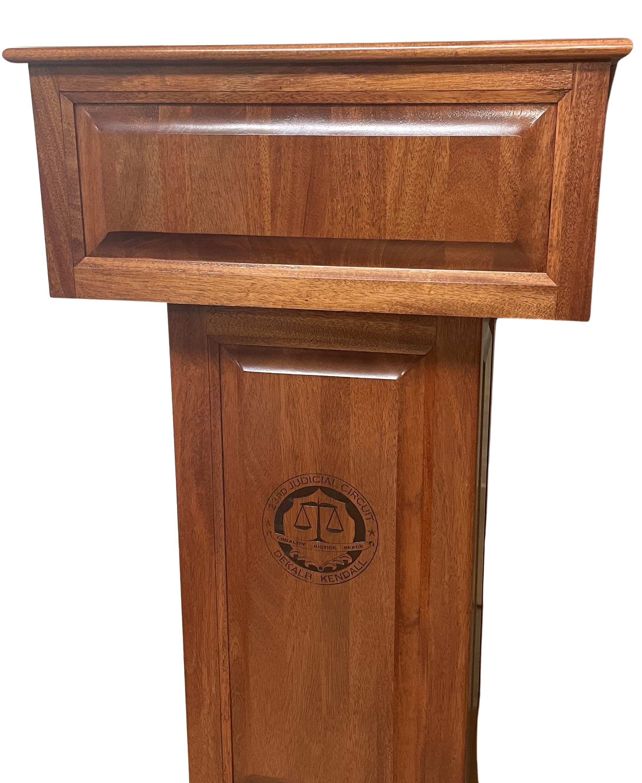 Counselor Swivel™ Podium with 45-degree swivel mechanism, adjustable work surface, and engraved midsection.