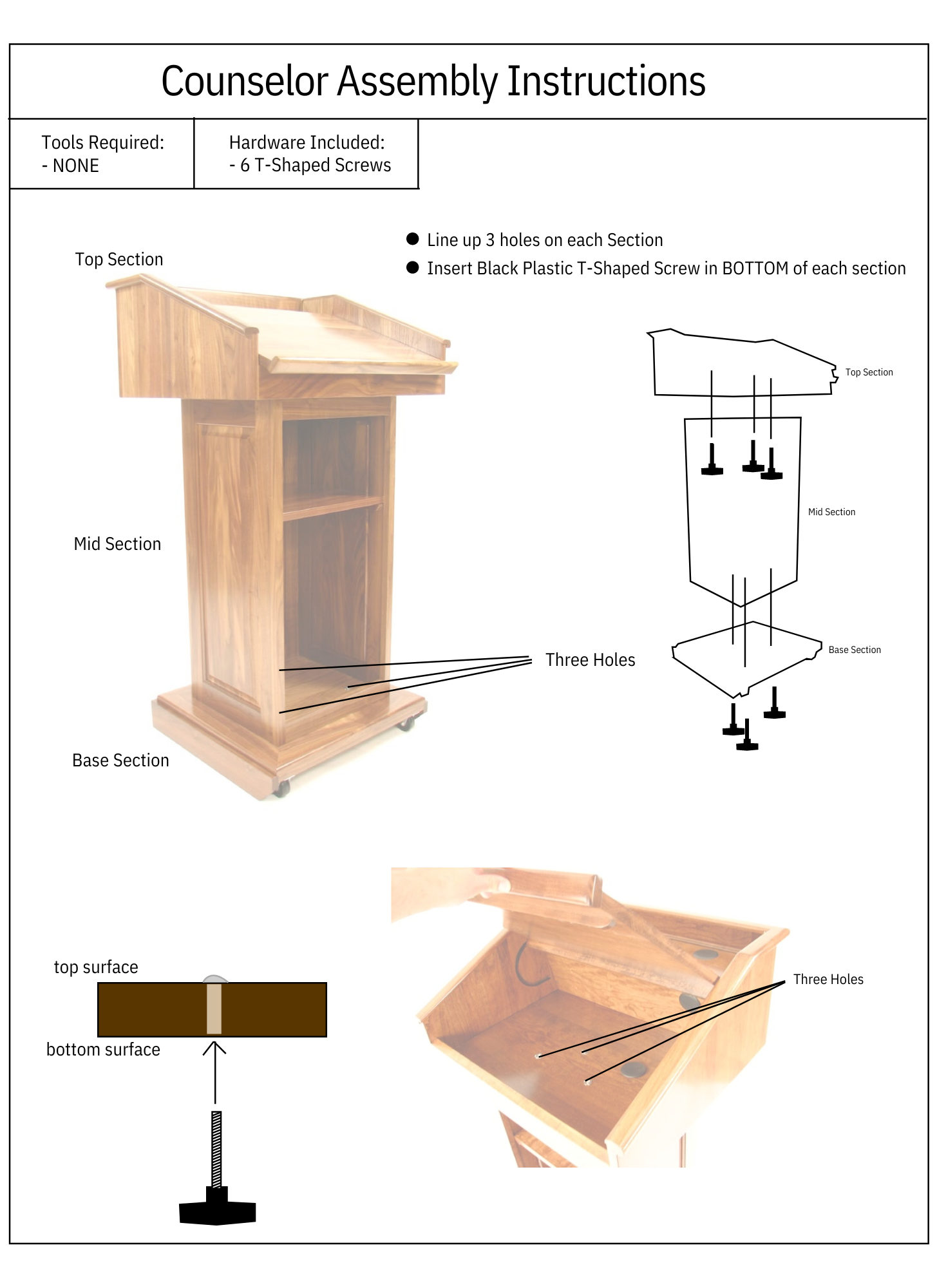 Counselor podium assembly instructions. No tools needed.
