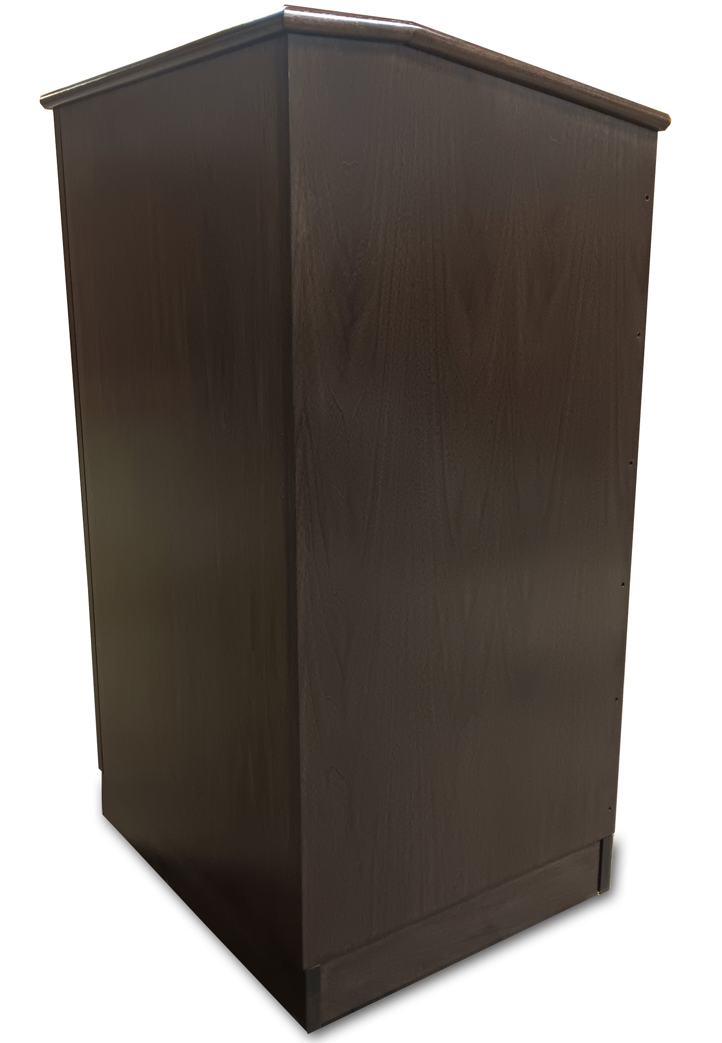 Collegiate™ manual lift podium, made from premium cherry wood with a red mahogany stain, height-adjustable up to 15.5 inches for versatile use.