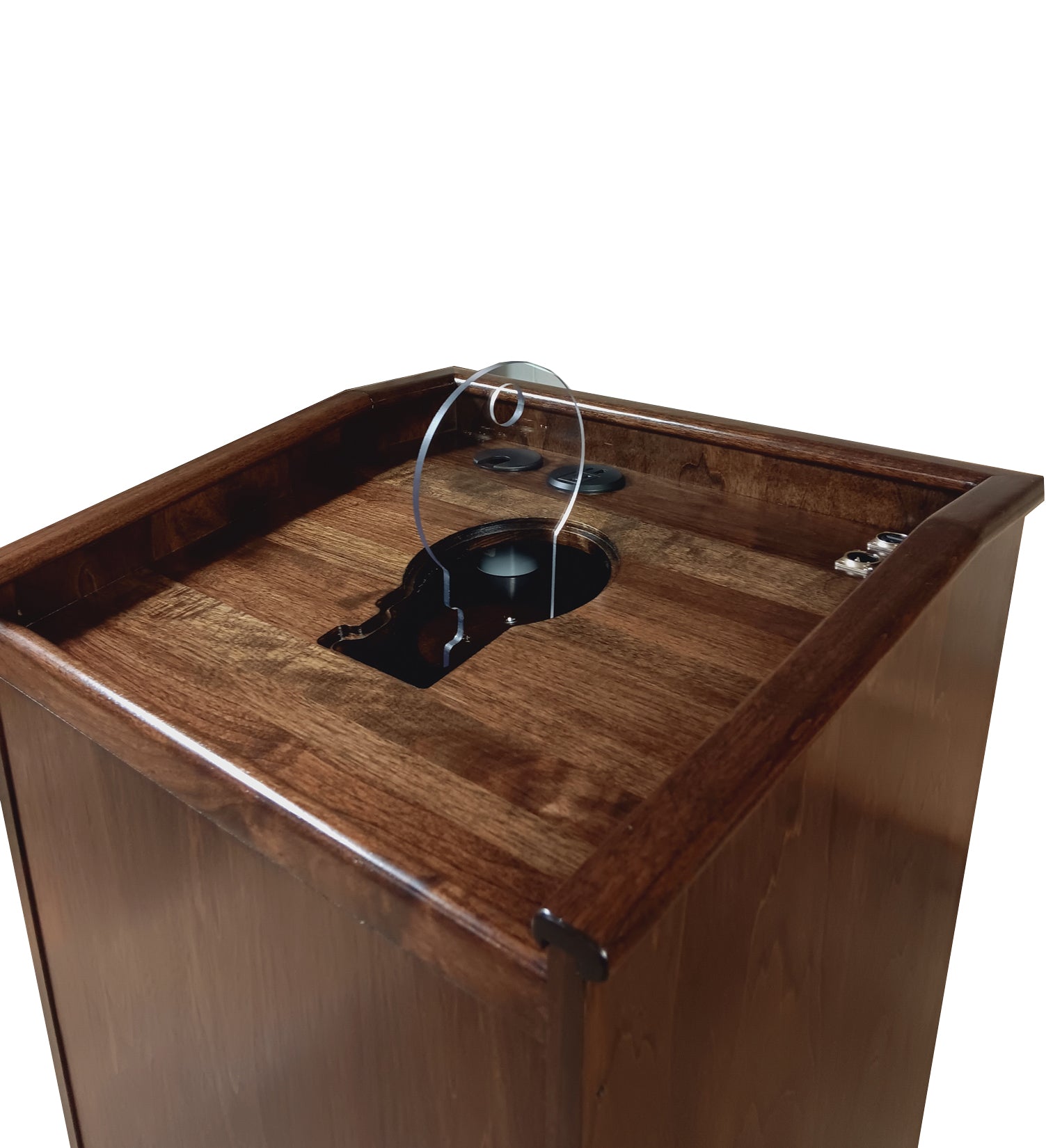 Collegiate™ manual lift podium, made from premium cherry wood with a red mahogany stain, height-adjustable up to 15.5 inches for versatile use.
