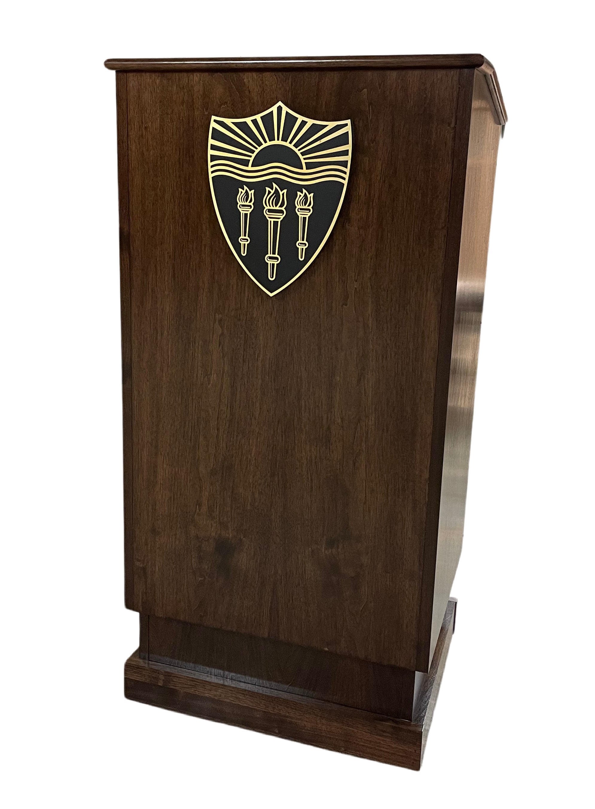 Collegiate™ manual lift podium, made from premium cherry wood with a red mahogany stain, height-adjustable up to 15.5 inches for versatile use.