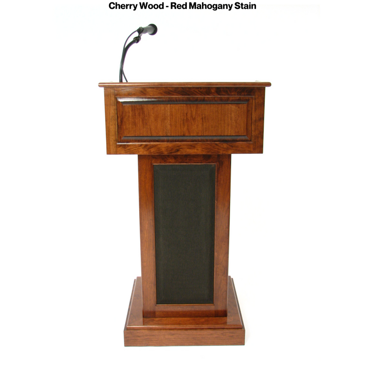 The Counselor Evolution™ all-in-one lectern, handcrafted in the USA, features adjustable work surface, built-in sound system, and portable design.