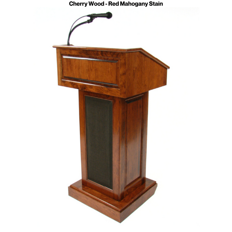 The Counselor Evolution™ all-in-one lectern, handcrafted in the USA, features adjustable work surface, built-in sound system, and portable design.