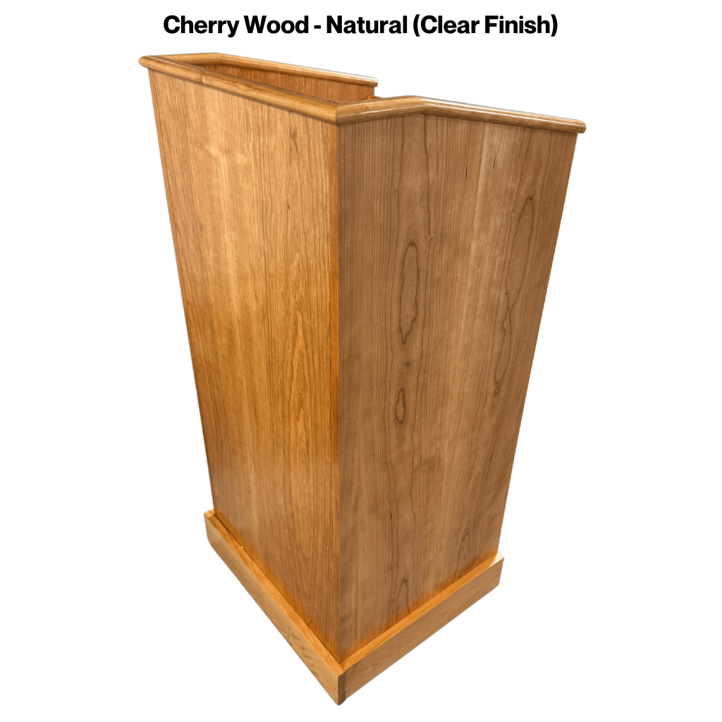 Collegiate™ CPD677 podium, handcrafted from cherry with pullout shelf, wire management, and hidden casters for easy mobility.
