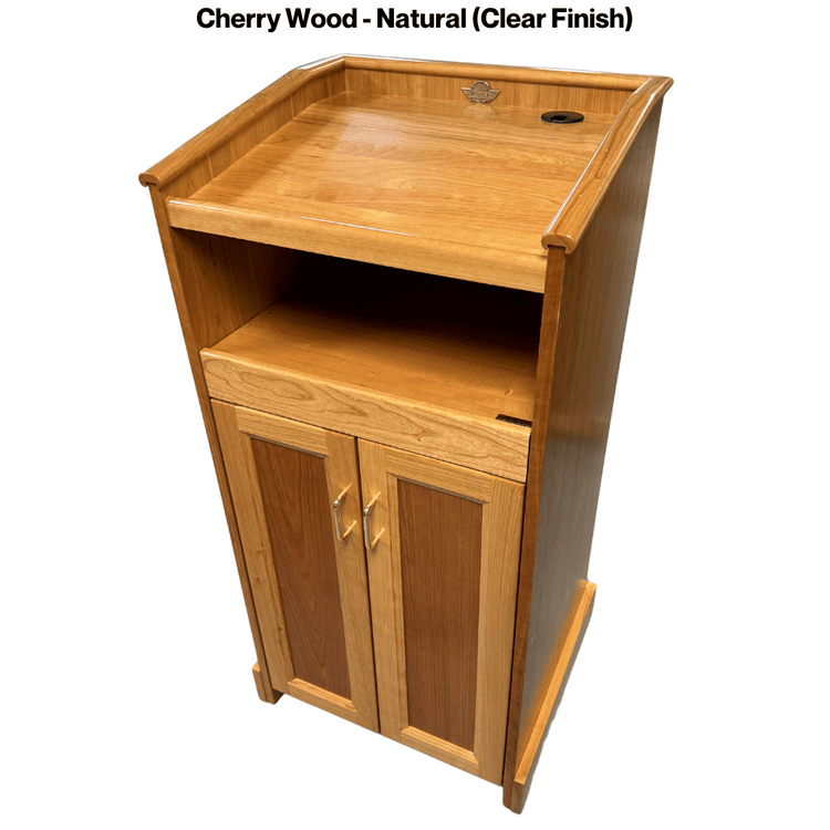 Collegiate™ CPD677 podium, handcrafted from cherry with pullout shelf, wire management, and hidden casters for easy mobility.