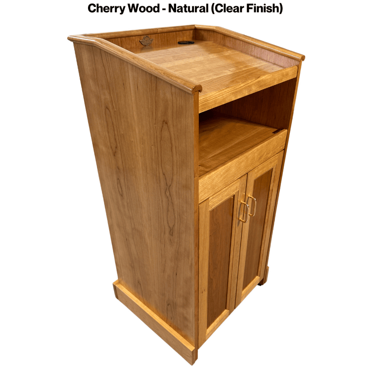 Collegiate™ CPD677 podium, handcrafted from cherry with pullout shelf, wire management, and hidden casters for easy mobility.