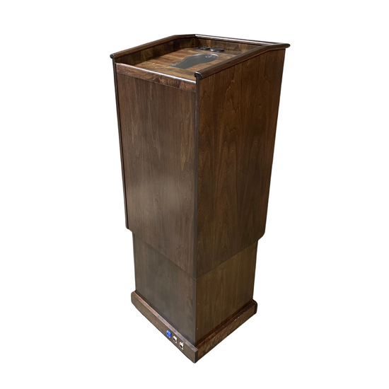 Collegiate™ manual lift podium, made from premium cherry wood with a red mahogany stain, height-adjustable up to 15.5 inches for versatile use.