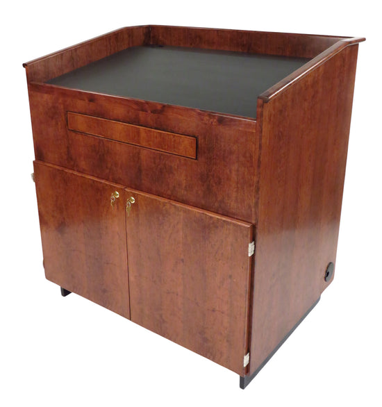 Handcrafted multimedia lectern cart with locking storage, rack rails, cable management, and mobility. Ideal for schools and training centers.