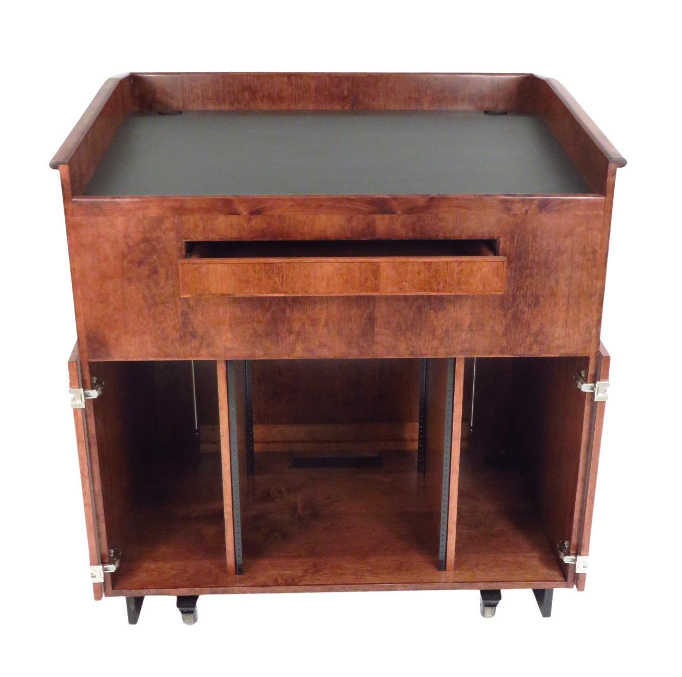 Handcrafted multimedia lectern cart with locking storage, rack rails, cable management, and mobility. Ideal for schools and training centers.