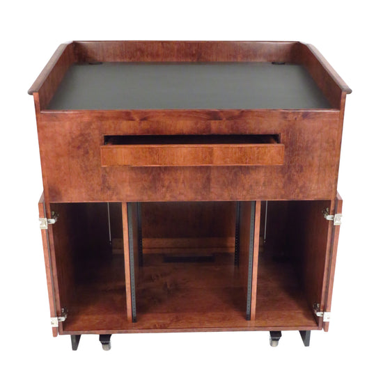 Handcrafted multimedia lectern cart with locking storage, rack rails, cable management, and mobility. Ideal for schools and training centers.