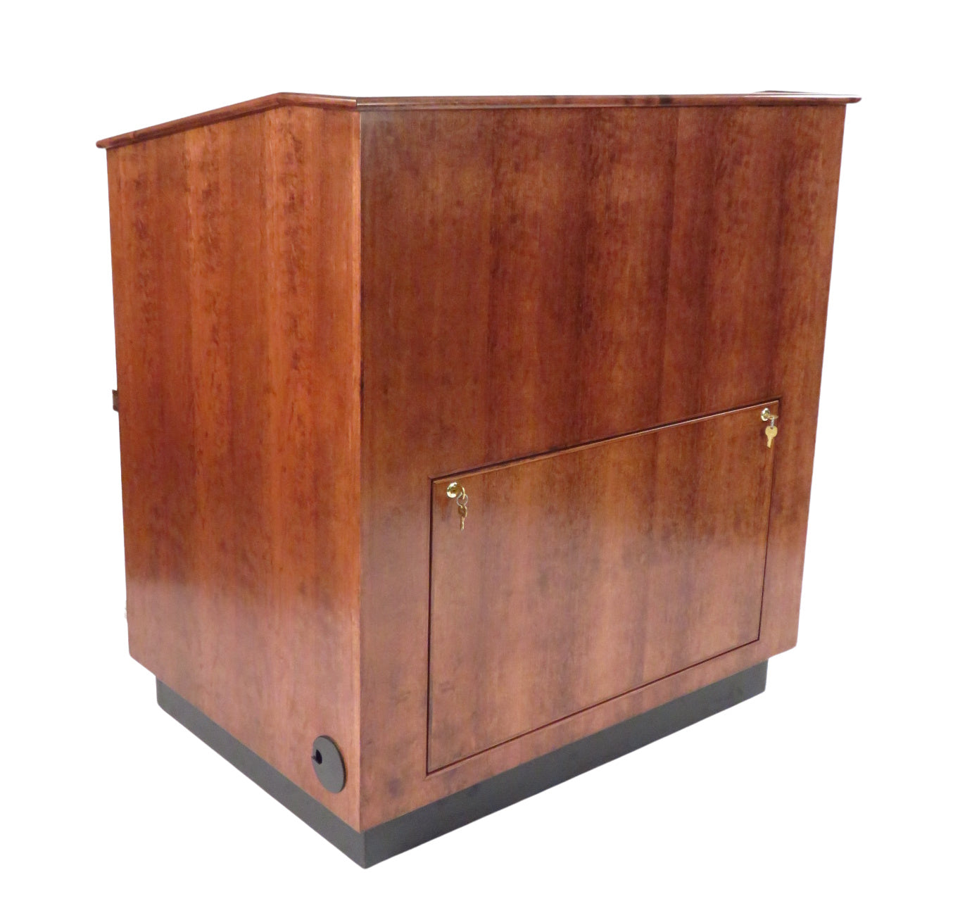 Handcrafted multimedia lectern cart with locking storage, rack rails, cable management, and mobility. Ideal for schools and training centers.