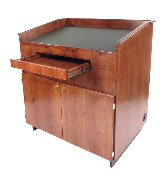 Handcrafted multimedia lectern cart with locking storage, rack rails, cable management, and mobility. Ideal for schools and training centers.