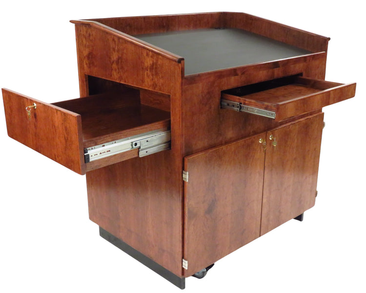 Handcrafted multimedia lectern cart with locking storage, rack rails, cable management, and mobility. Ideal for schools and training centers.