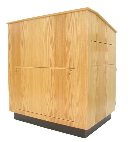 Handcrafted multimedia lectern cart with locking storage, rack rails, cable management, and mobility. Ideal for schools and training centers.