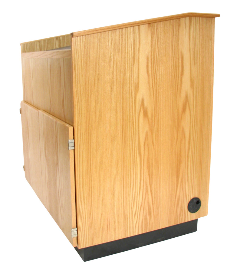 Handcrafted multimedia lectern cart with locking storage, rack rails, cable management, and mobility. Ideal for schools and training centers.