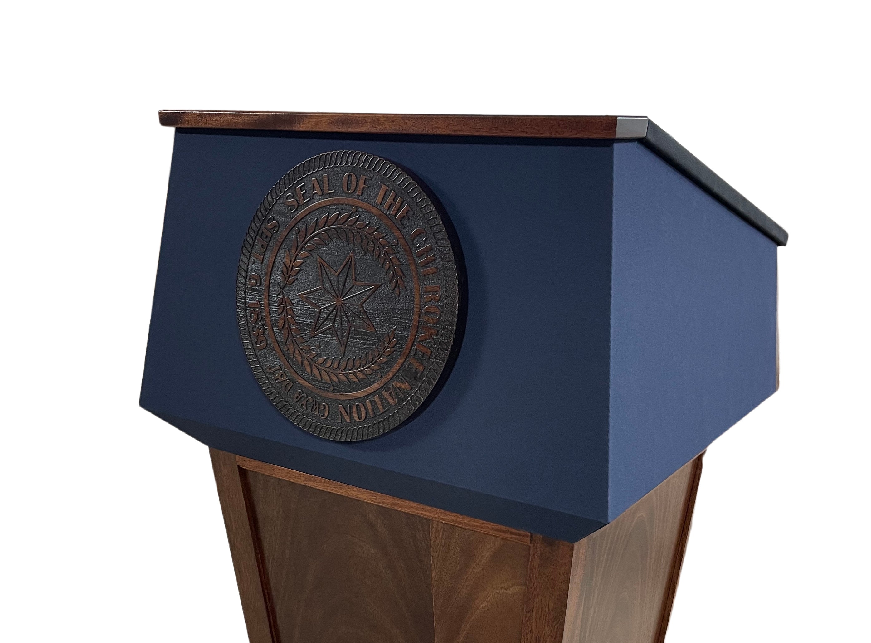 Precision laser-engraved magnetic plaque or direct engraving on lectern, up to 12 inches.