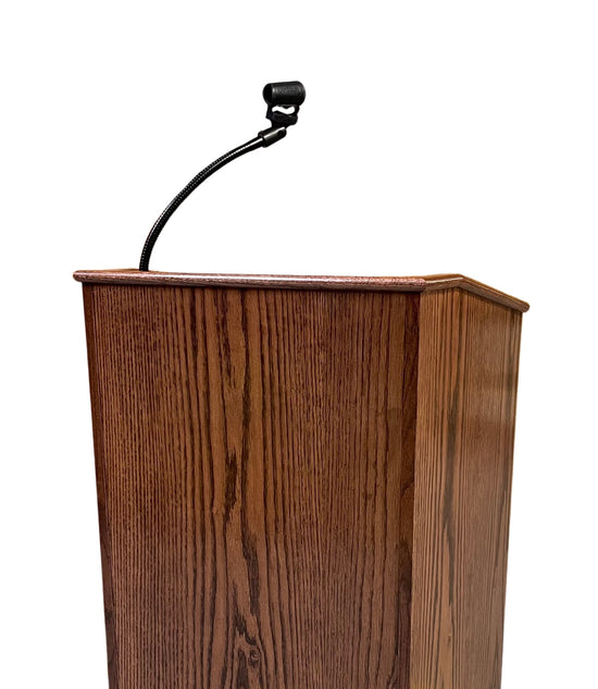 3-piece microphone mounting kit with 13" flexible gooseneck, flange mount, and mic clip for lecterns and podiums. Mic not included.