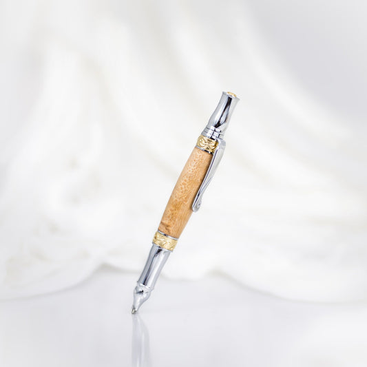 Handcrafted Sycamore wood rollerball pen with precious metal body