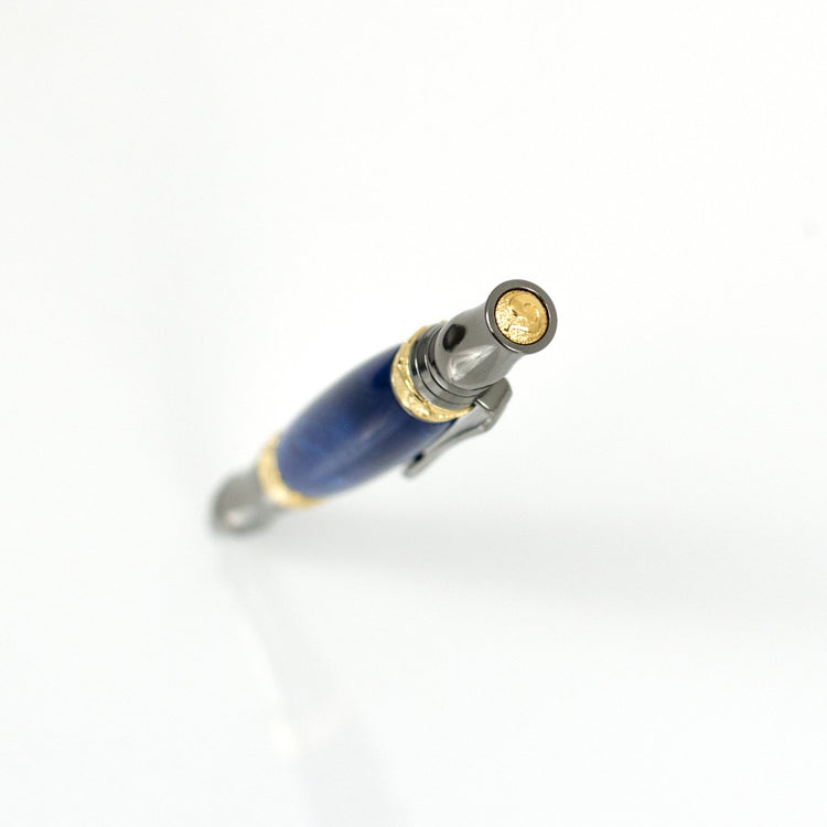 Handcrafted sapphire acrylic rollerball pen with precious metal body
