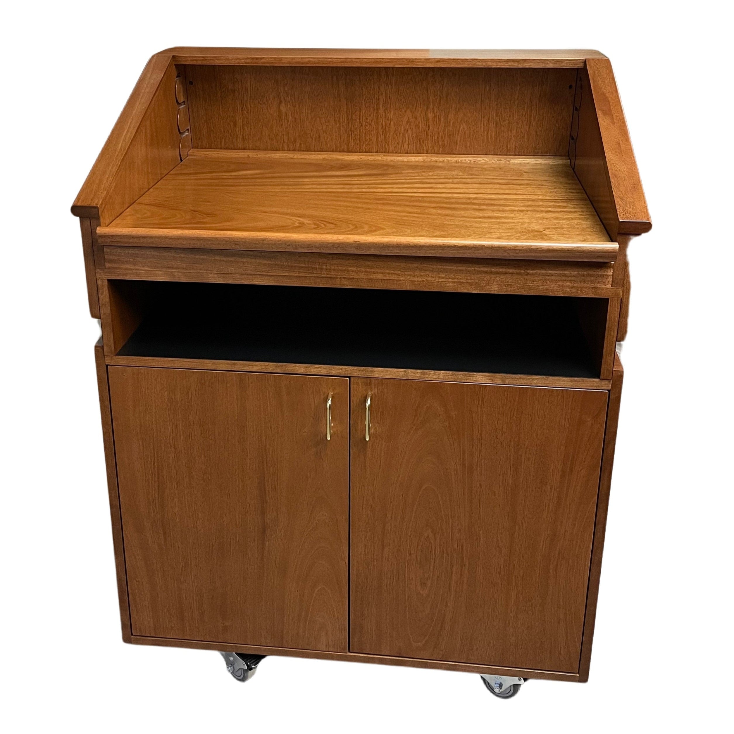 Elegant wood Maitre D' host station with storage, reversible drop-top, and hidden casters for upscale restaurants and hotels.