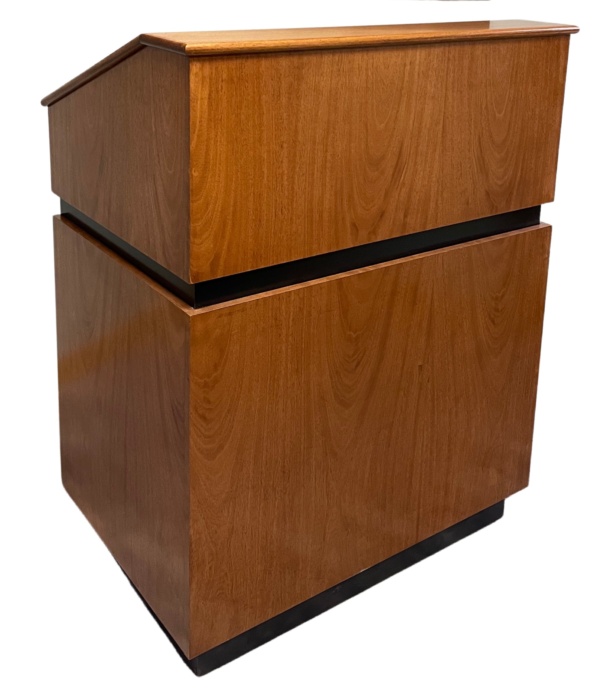 Elegant wood Maitre D' host station with storage, reversible drop-top, and hidden casters for upscale restaurants and hotels.