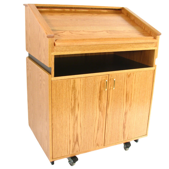 Elegant wood Maitre D' host station with storage, reversible drop-top, and hidden casters for upscale restaurants and hotels.