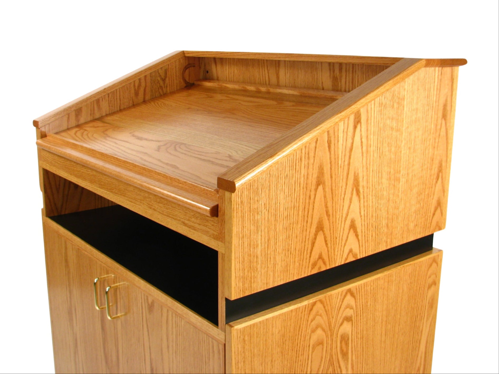 Elegant wood Maitre D' host station with storage, reversible drop-top, and hidden casters for upscale restaurants and hotels.
