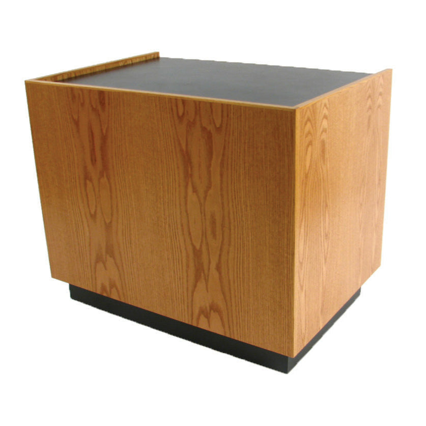Elegant wood Maitre D' host station with storage, reversible drop-top, and hidden casters for upscale restaurants and hotels.
