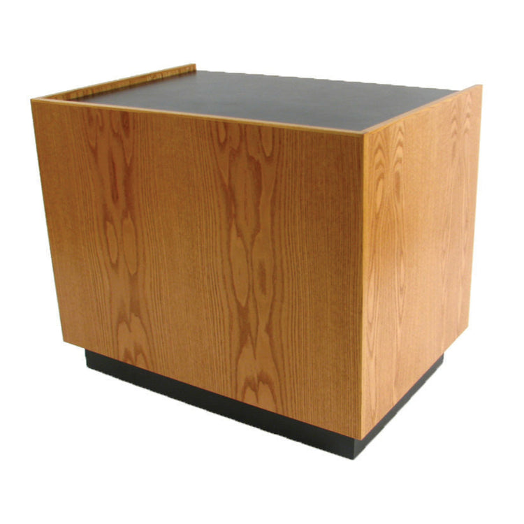 Elegant wood Maitre D' host station with storage, reversible drop-top, and hidden casters for upscale restaurants and hotels.