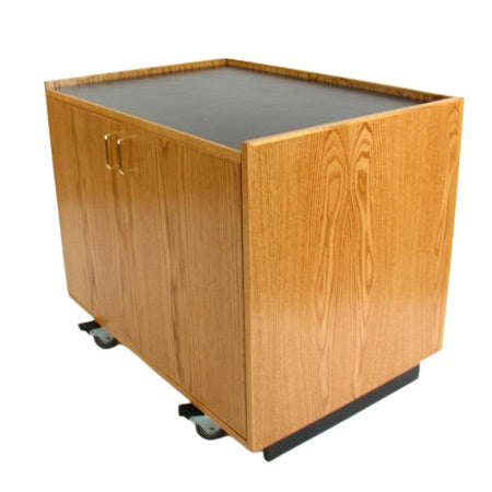 Elegant wood Maitre D' host station with storage, reversible drop-top, and hidden casters for upscale restaurants and hotels.
