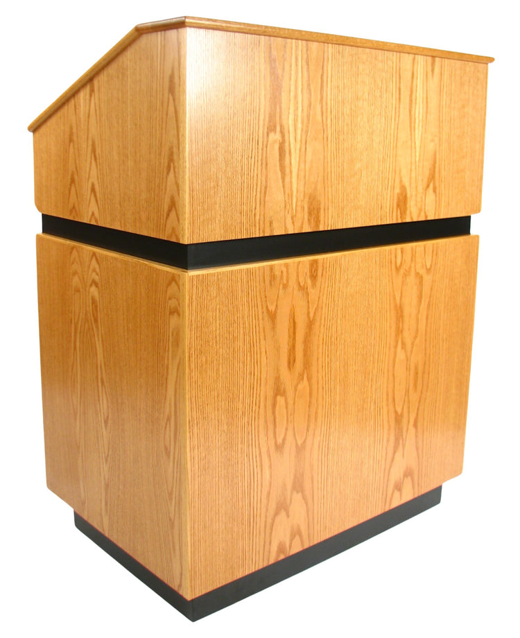 Elegant wood Maitre D' host station with storage, reversible drop-top, and hidden casters for upscale restaurants and hotels.