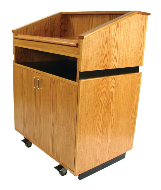 Elegant wood Maitre D' host station with storage, reversible drop-top, and hidden casters for upscale restaurants and hotels.