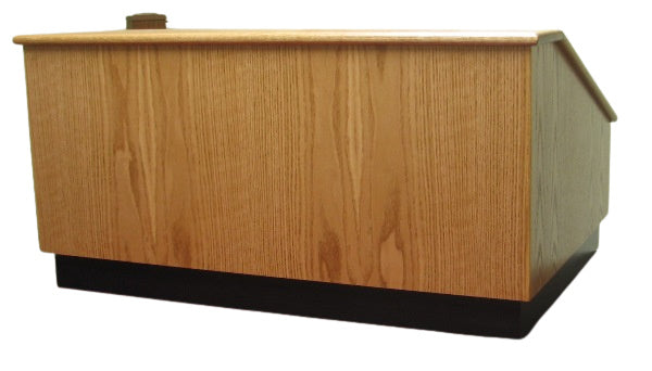 Elegant wood Maitre D' host station with storage, reversible drop-top, and hidden casters for upscale restaurants and hotels.