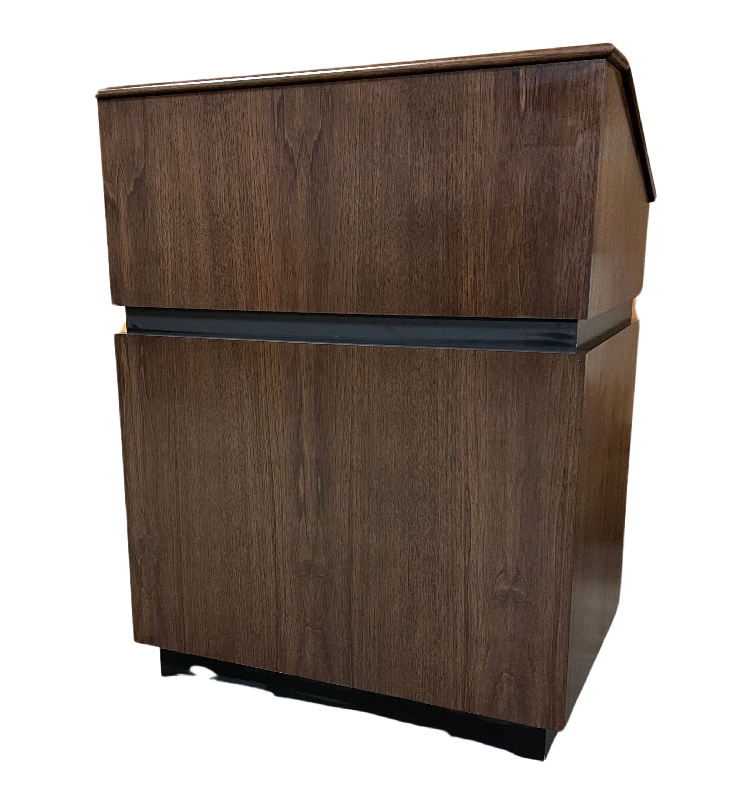 Elegant wood Maitre D' host station with storage, reversible drop-top, and hidden casters for upscale restaurants and hotels.