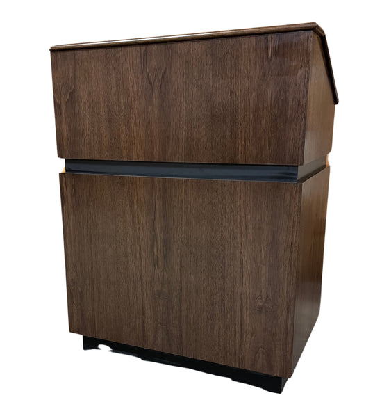 Elegant wood Maitre D' host station with storage, reversible drop-top, and hidden casters for upscale restaurants and hotels.
