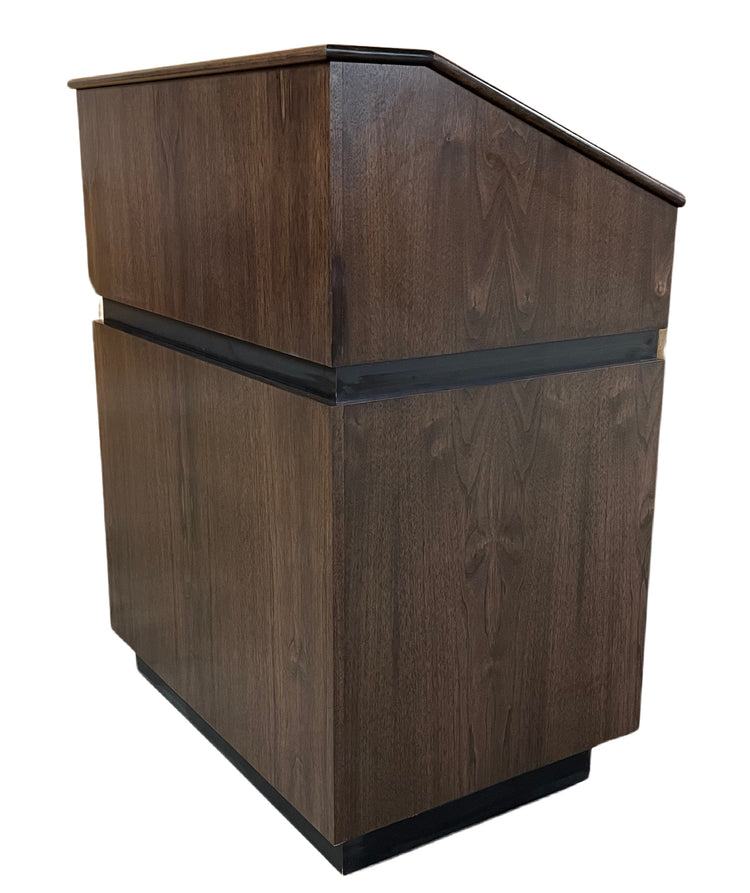 Elegant wood Maitre D' host station with storage, reversible drop-top, and hidden casters for upscale restaurants and hotels.