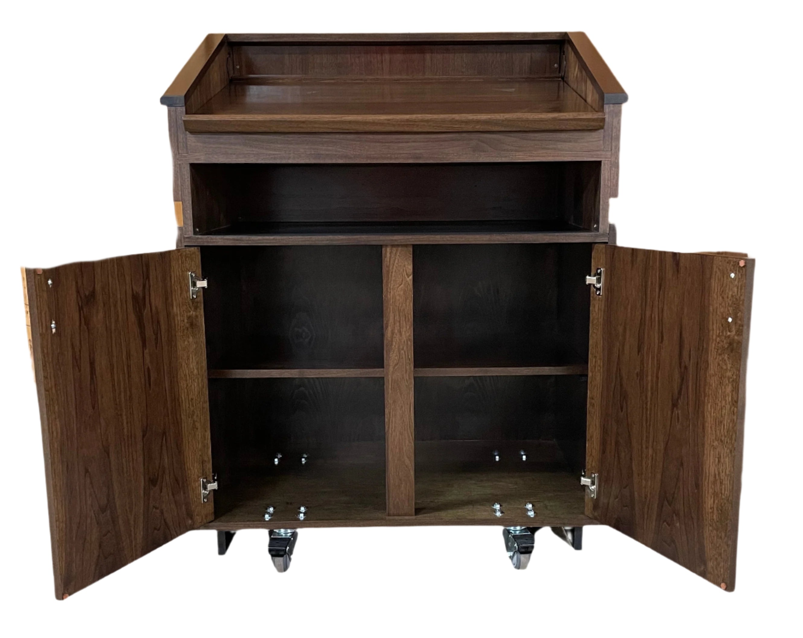 Elegant wood Maitre D' host station with storage, reversible drop-top, and hidden casters for upscale restaurants and hotels.