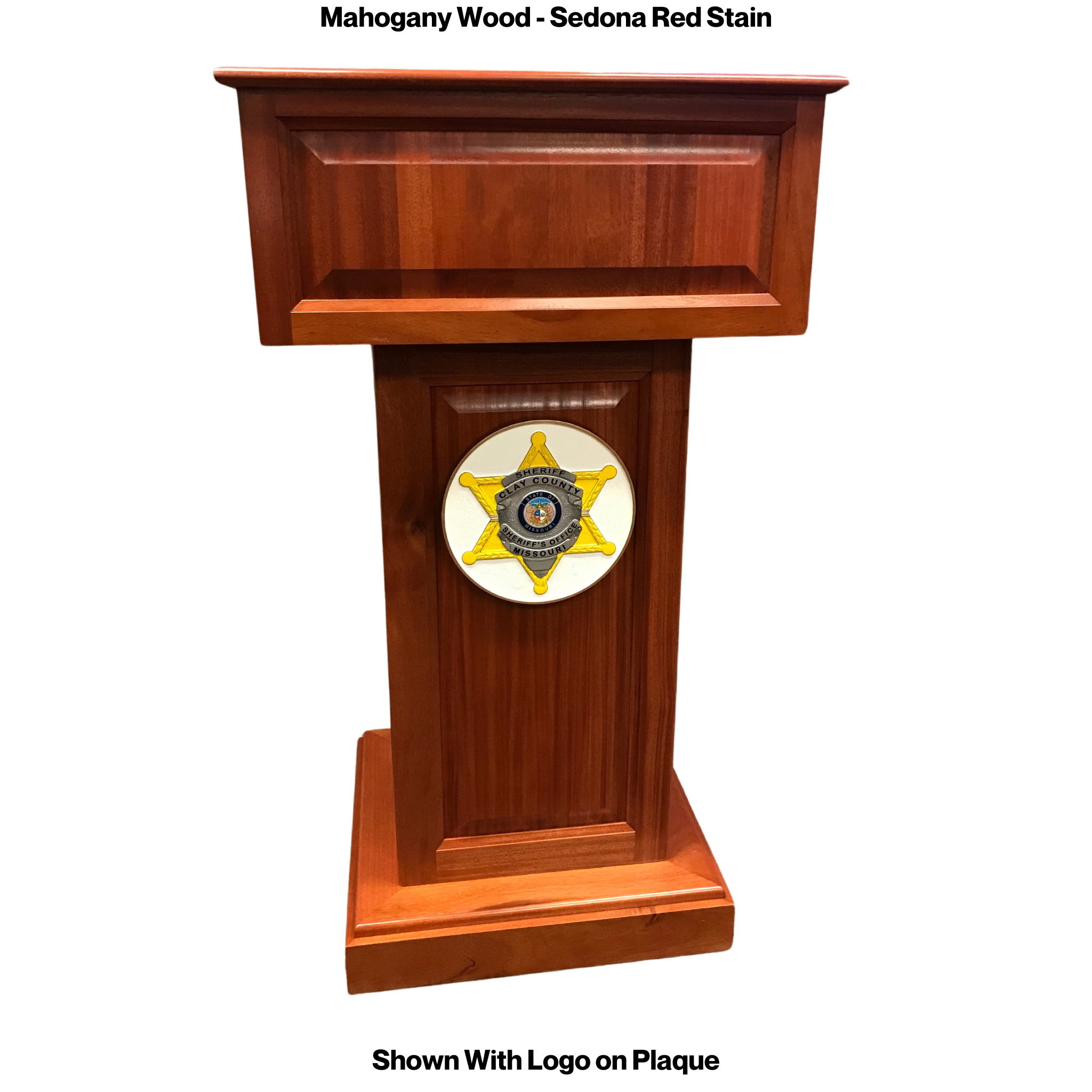 Counselor™ Podium, handcrafted in the USA with premium hardwood, adjustable work surface, built-in storage, and hidden casters.