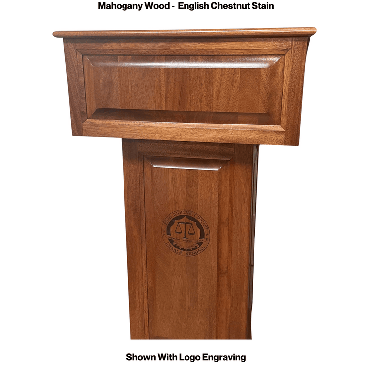 Counselor™ Podium, handcrafted in the USA with premium hardwood, adjustable work surface, built-in storage, and hidden casters.