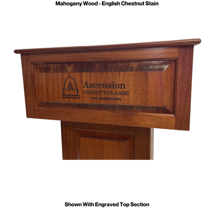 Counselor™ Podium, handcrafted in the USA with premium hardwood, adjustable work surface, built-in storage, and engraving.