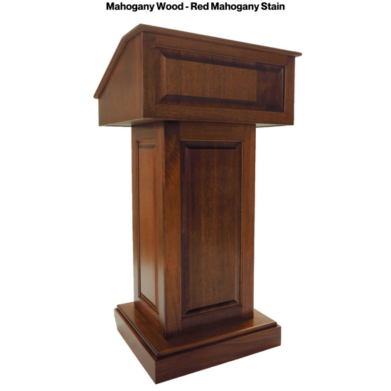 Counselor™ Podium, handcrafted in the USA with premium hardwood, adjustable work surface, built-in storage, and hidden casters.