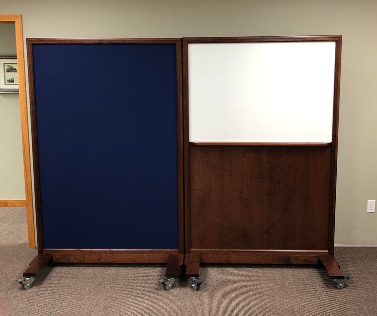 Portable NIJ Level III ballistic panel with a whiteboard, tackable surface, and locking casters for school safety and security.