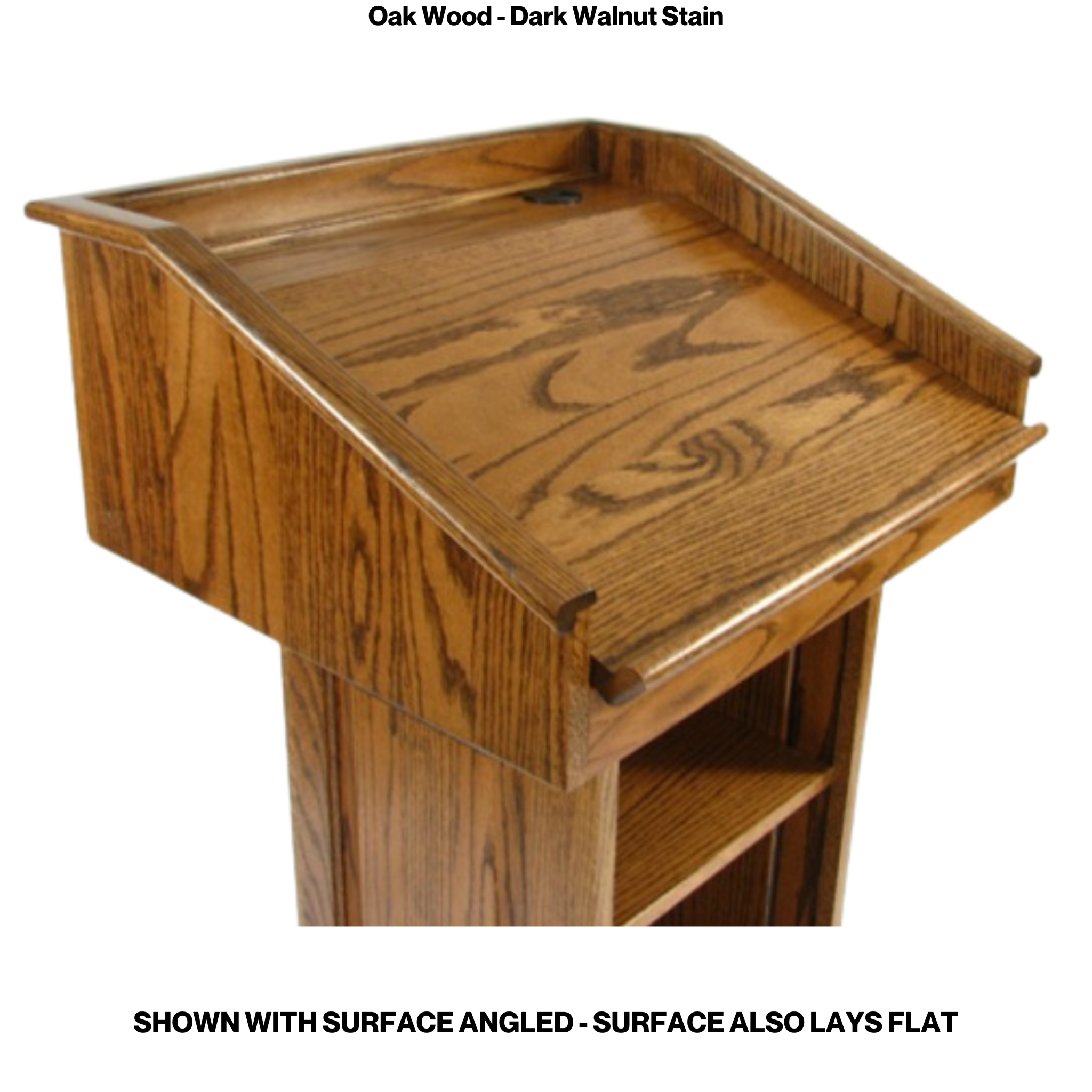 Counselor™ Podium, handcrafted in the USA with premium hardwood, adjustable work surface, built-in storage, and hidden casters.