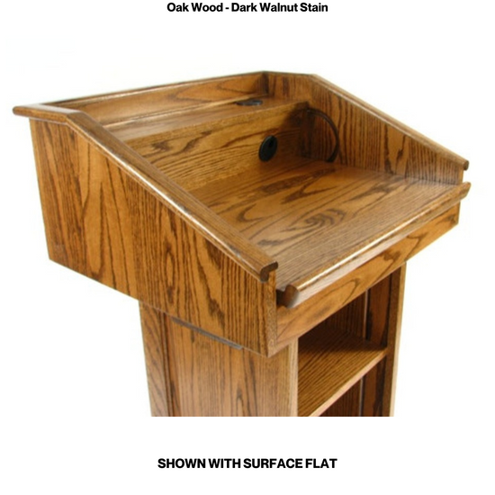 Counselor™ Podium, handcrafted in the USA with premium hardwood, adjustable work surface, built-in storage, and hidden casters.